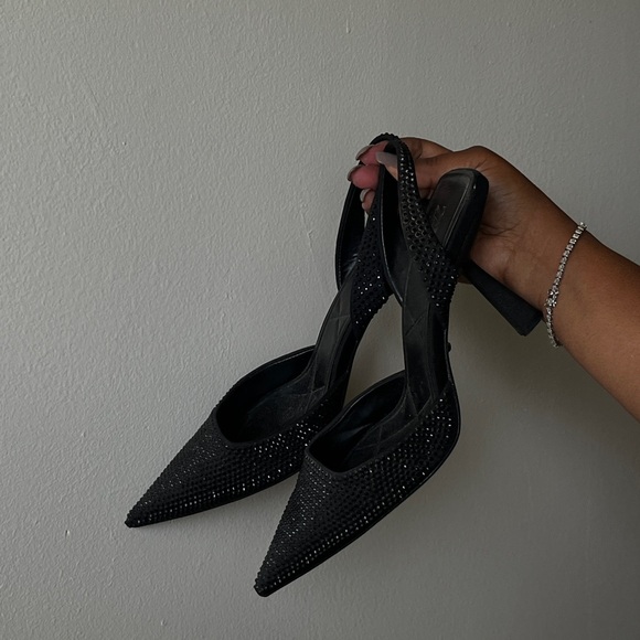 Zara Black pointed toe slingback heels with rhinestone detail Size 9 - Picture 8 of 9